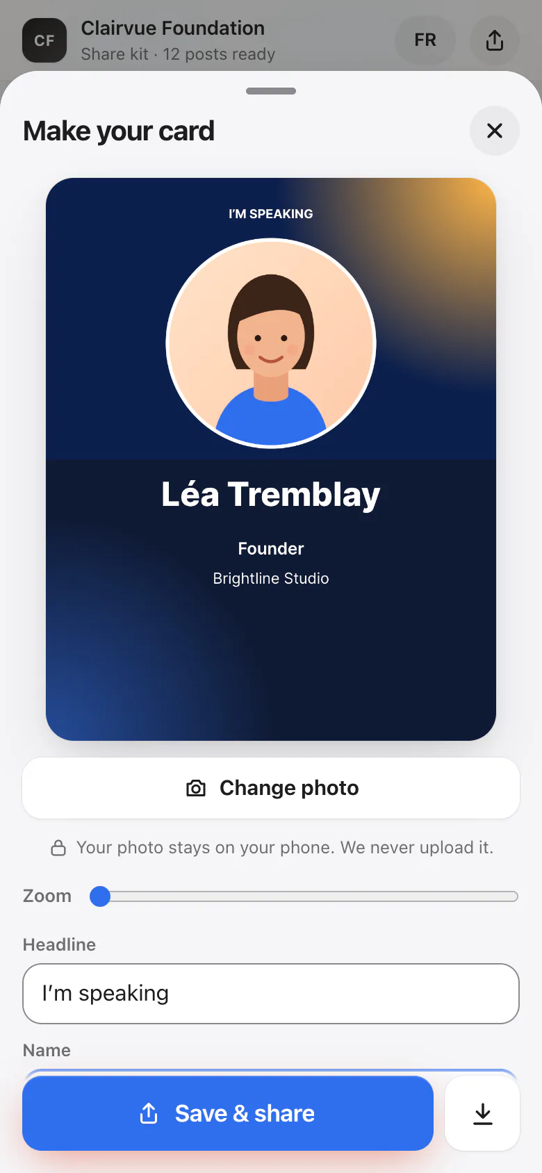 The Make your card sheet on a phone: an “I'm speaking” card with Léa Tremblay's photo, name, title and company.