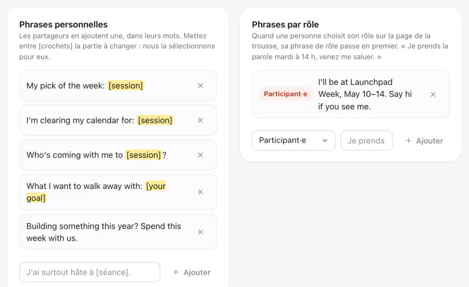L'onglet des phrases : des phrases personnelles avec une partie entre crochets à changer, et une phrase de rôle pour les participants.