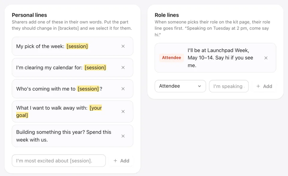 The Your lines tab: personal lines with a part in brackets to change, and a role line for attendees.