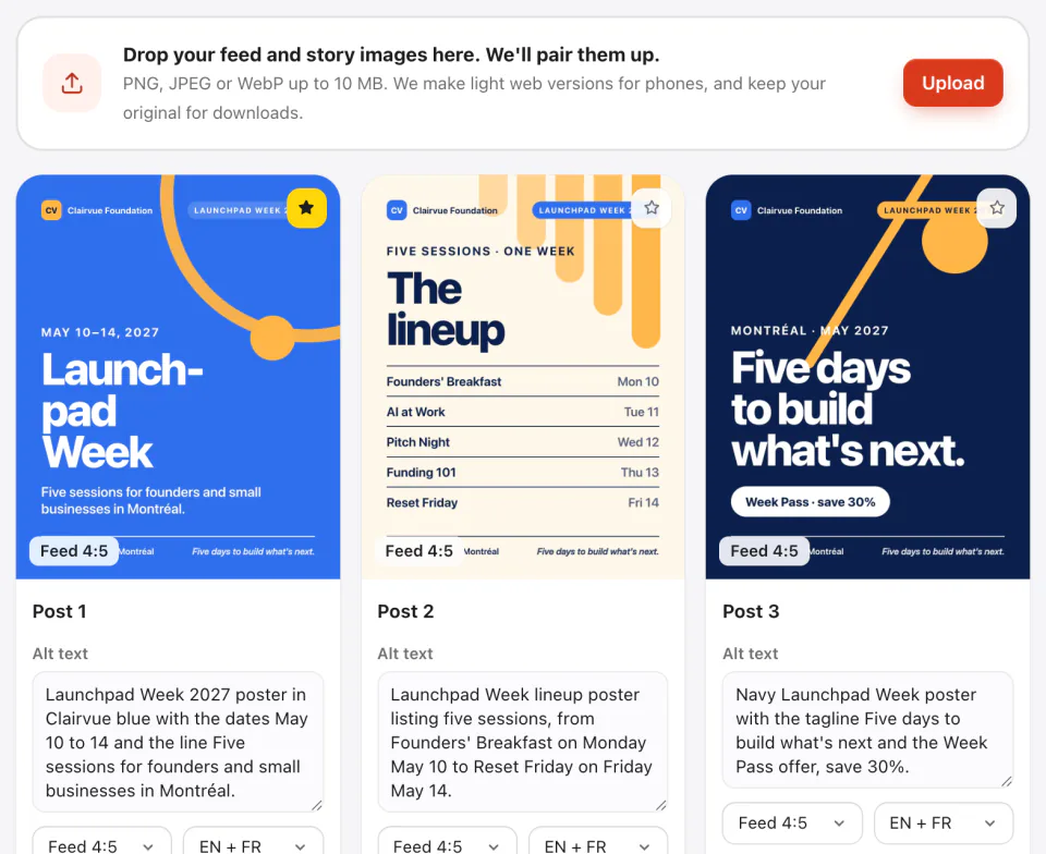 The Visuals tab with three Launchpad Week posters, each with its alt text and size.
