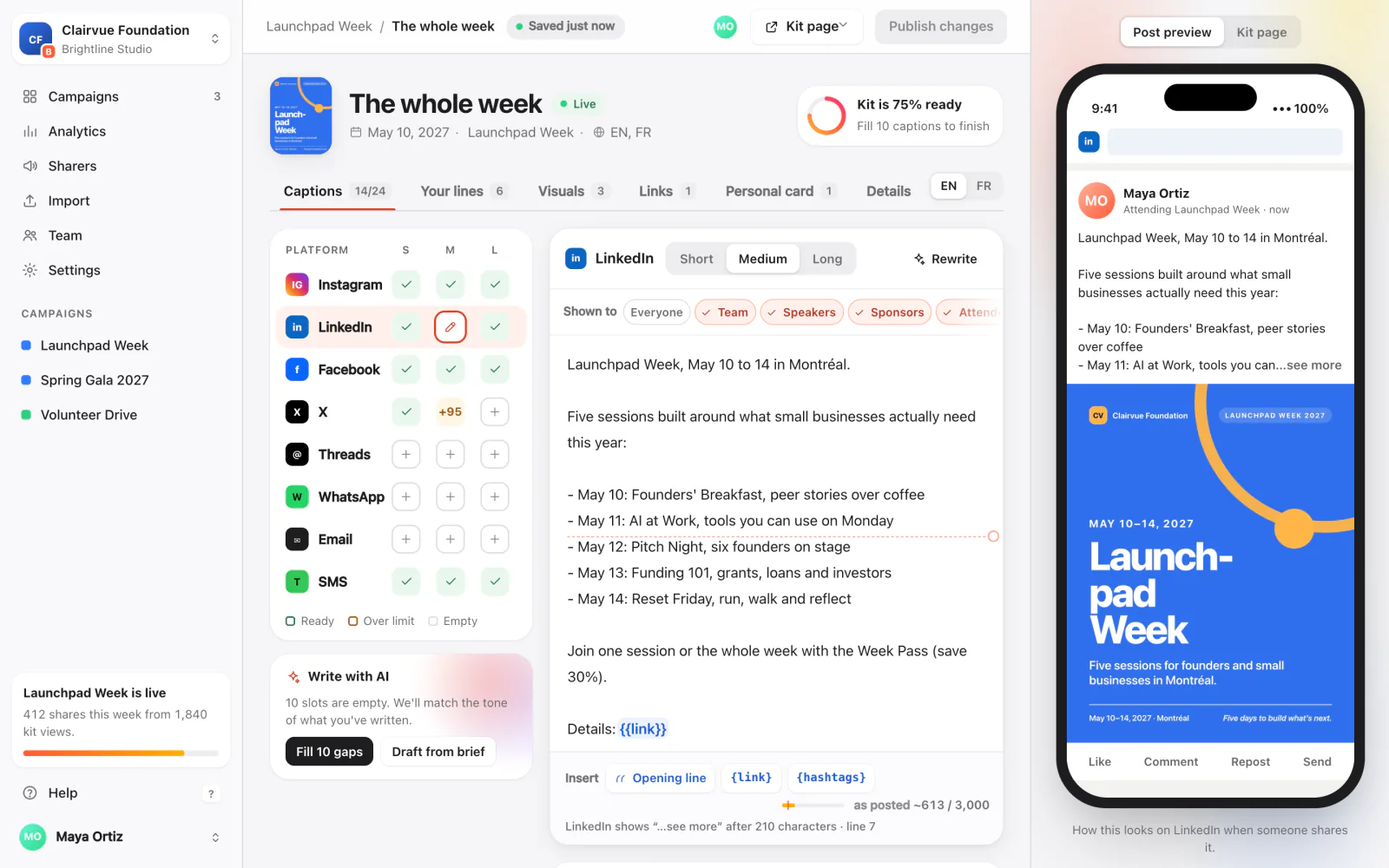 The Campaign Kit editor for Launchpad Week: a grid of platforms by short, medium and long captions, the LinkedIn medium caption open for editing, and a phone preview of the post.