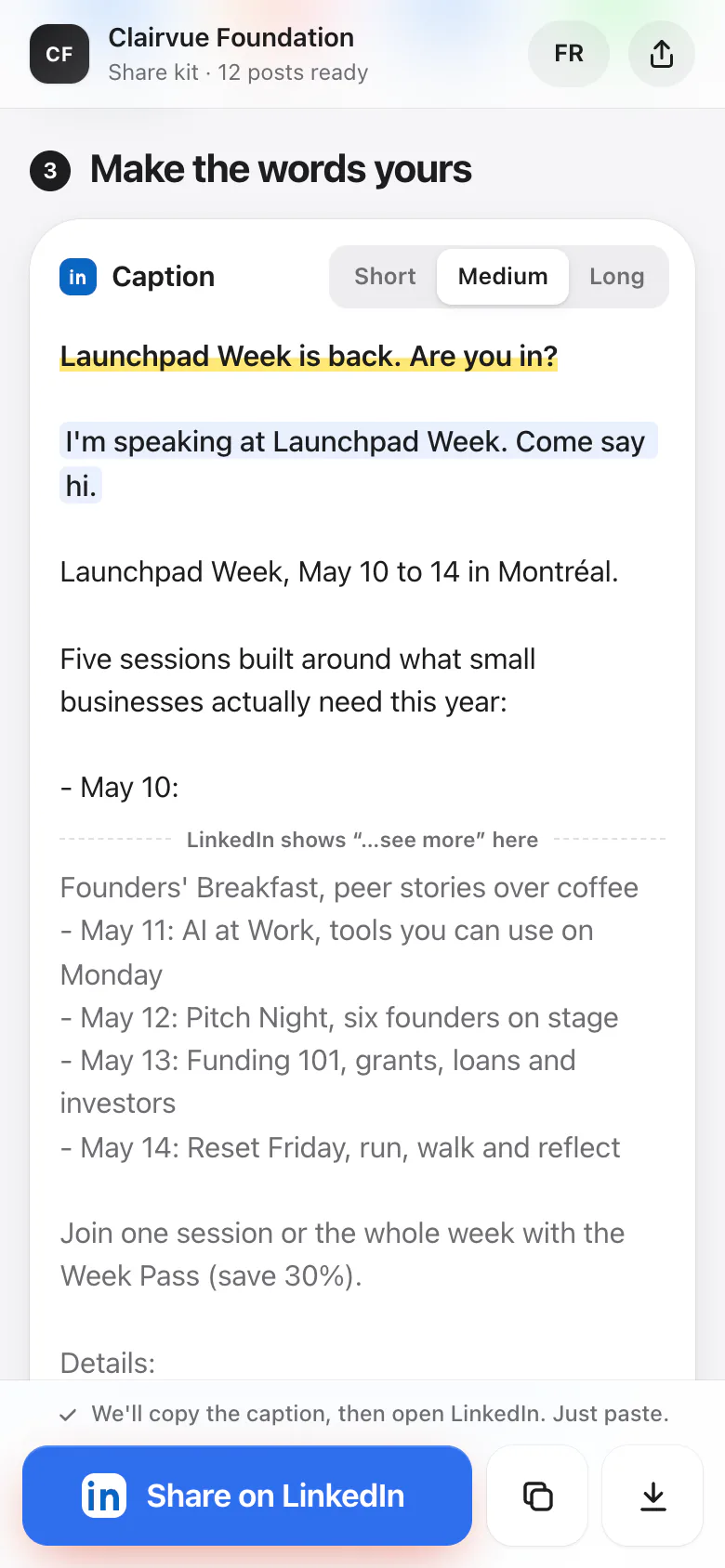The kit page on a phone with Speaker picked: the caption starts with the swapped opening line and “I'm speaking at Launchpad Week. Come say hi.”, above a Share on LinkedIn button.