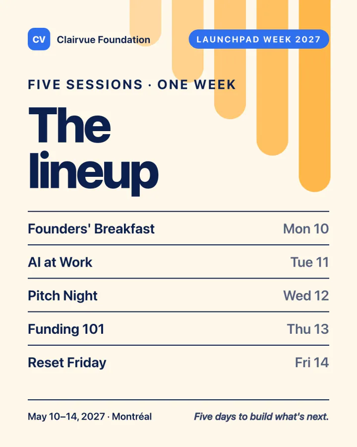 Launchpad Week lineup poster listing five sessions, from Founders' Breakfast on Monday May 10 to Reset Friday on Friday May 14.