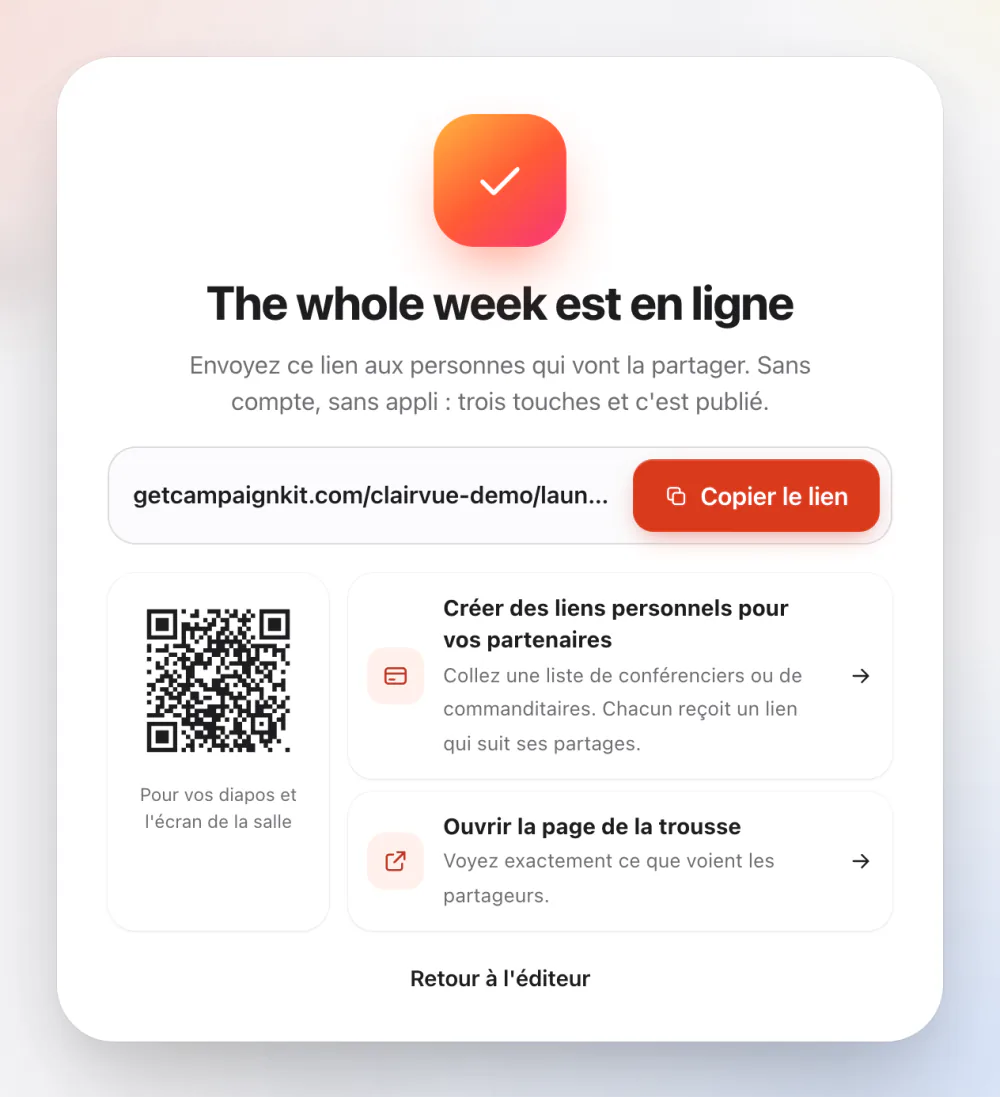La trousse est en ligne : un lien de partage avec le bouton Copier le lien, un code QR pour les diapos et l'écran de la salle, et un raccourci vers les liens personnels des partenaires.