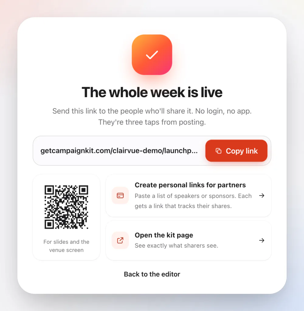 The kit is live: a share link with a Copy link button, a QR code for slides and the venue screen, and a shortcut to personal links for partners.