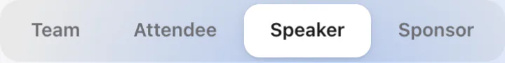 The role picker at the top of the kit page: Team, Attendee, Speaker, Sponsor, with Speaker selected.